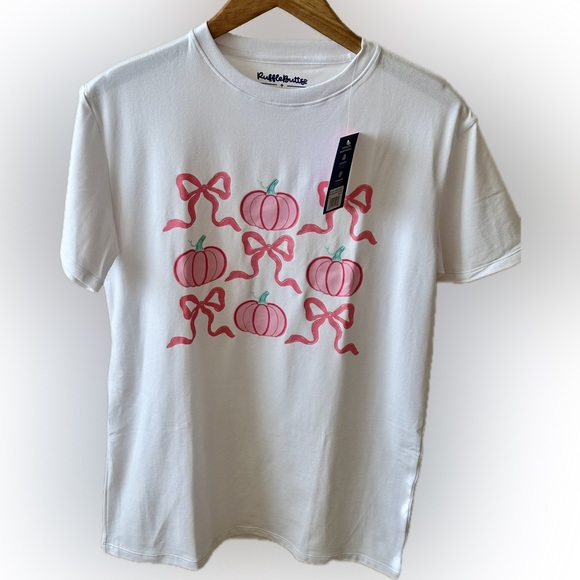 Ruffle Butts Tops - Ruffle Butts White Tee with Pink Pumpkin Design